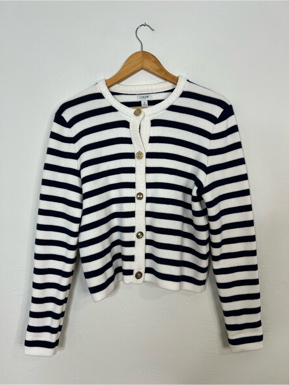 J. Crew White and Navy Striped Button Front Cardigan